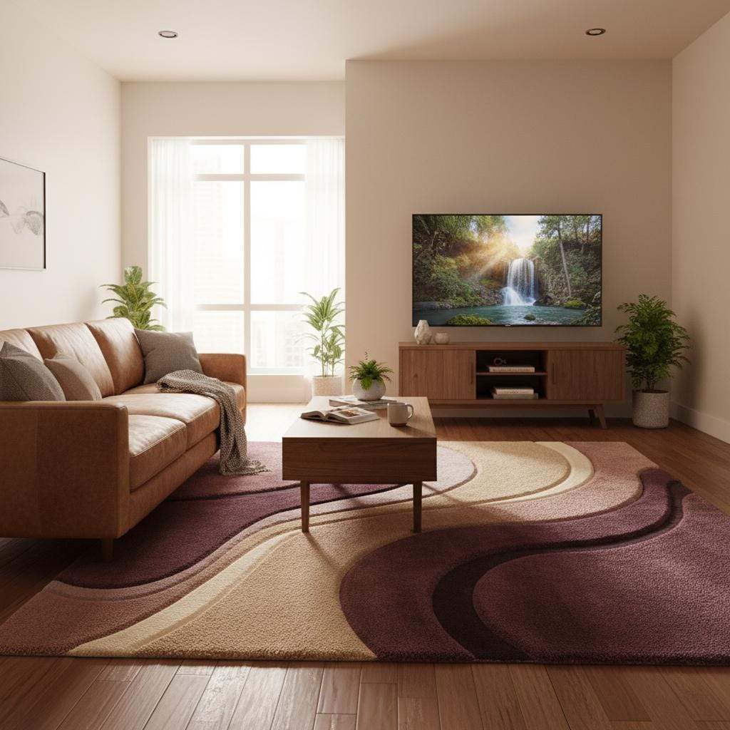 Color detail of abstract rug featuring deep plum, mauve, dusty rose, beige and soft cream tones blended in a flowing modern pattern. __etsy:7568836869