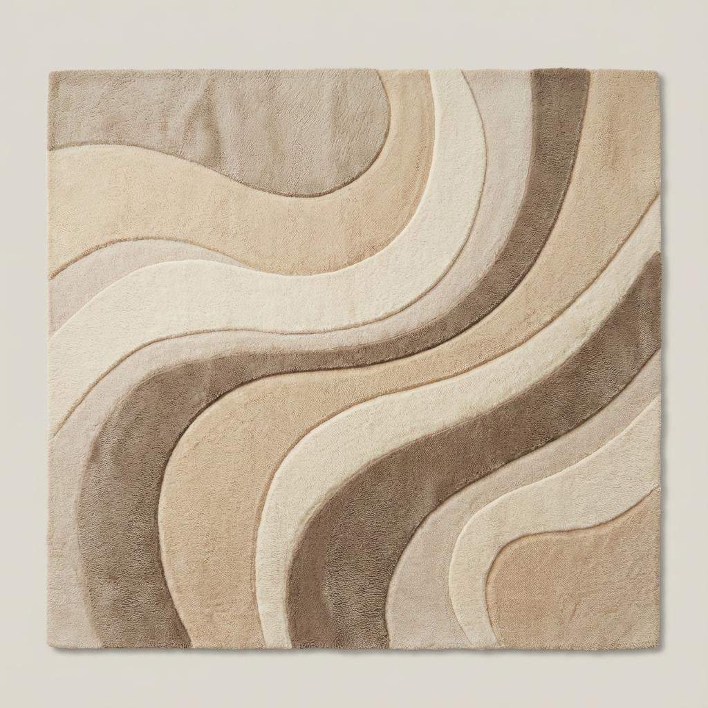Sculpted abstract rug with flowing curved lines in soft neutral colors, ideal mid century modern living room rug
