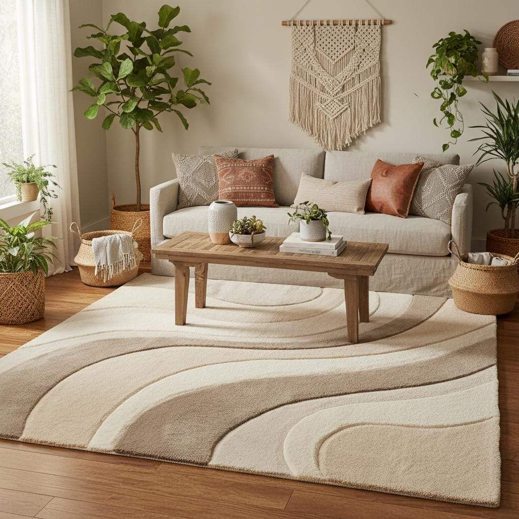 Textured modern area rug in cream and beige, abstract wave carpet for minimalist and japandi home decor