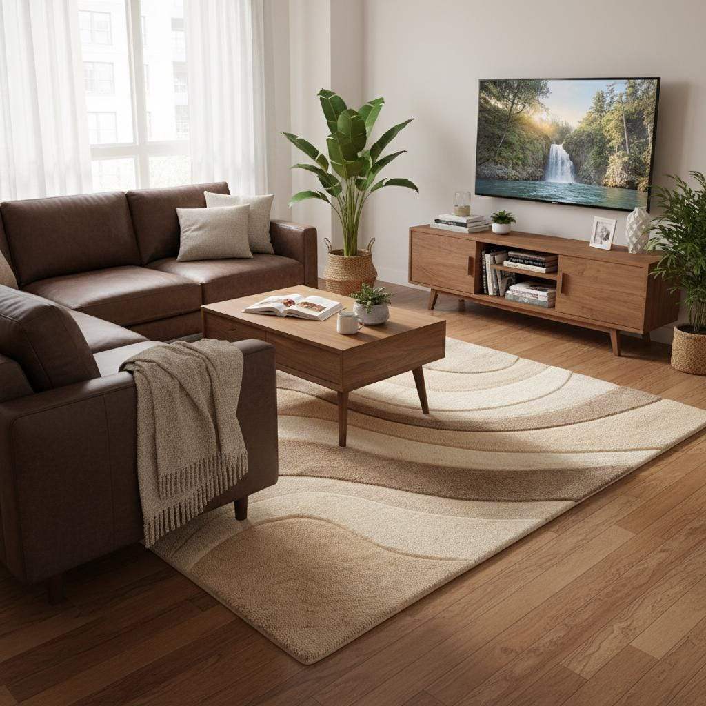 Contemporary abstract rug with organic wavy pattern, neutral toned rug for bedroom or living room styling