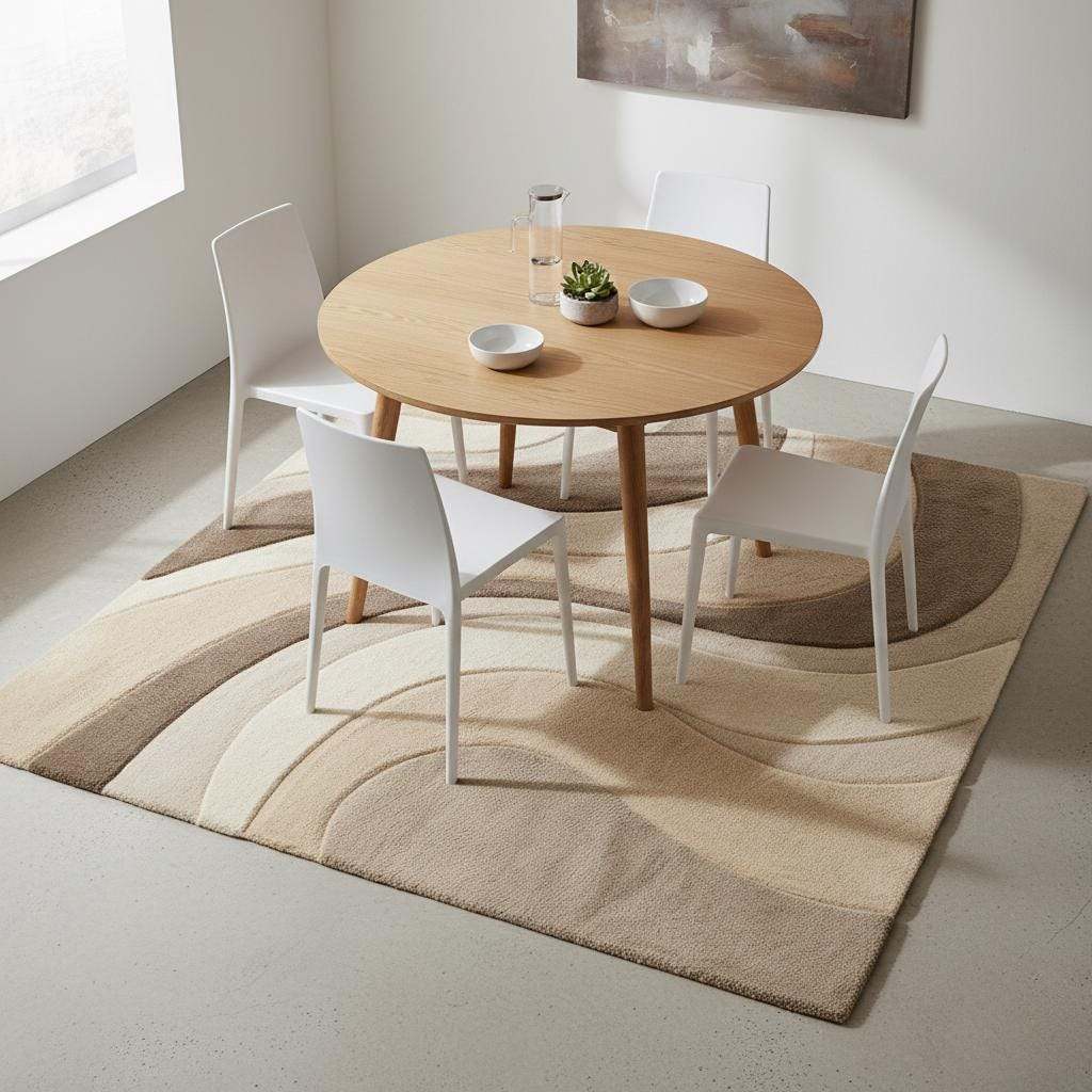 Neutral beige abstract wave rug with raised sculpted design, modern carpet for elegant home interiors