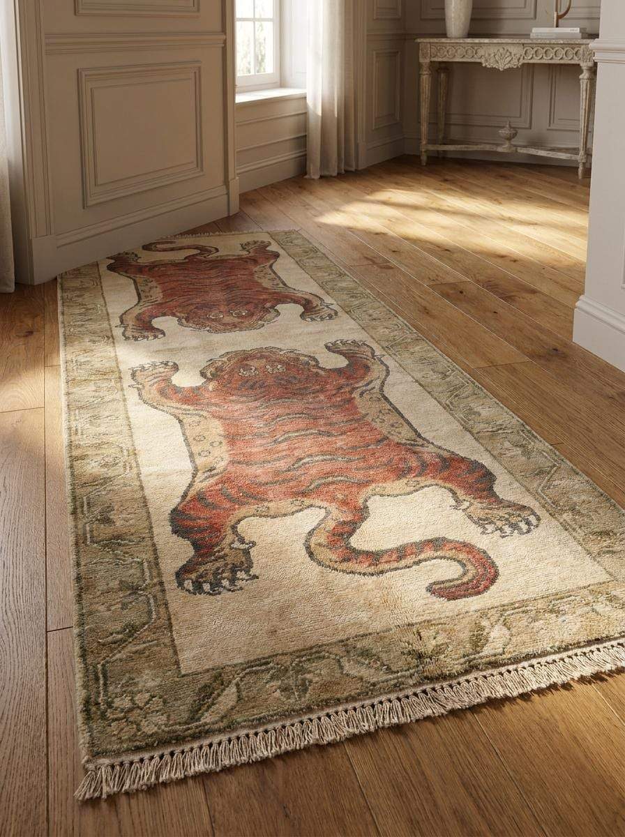 Animal Runner Rug Hand Knotted Wool, Tiger Hallway Carpet, Tibetan Inspired Handmade Decor __etsy:8148345705