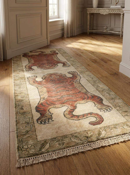 Animal Runner Rug Hand Knotted Wool, Tiger Hallway Carpet, Tibetan Inspired Handmade Decor __etsy:8148345705