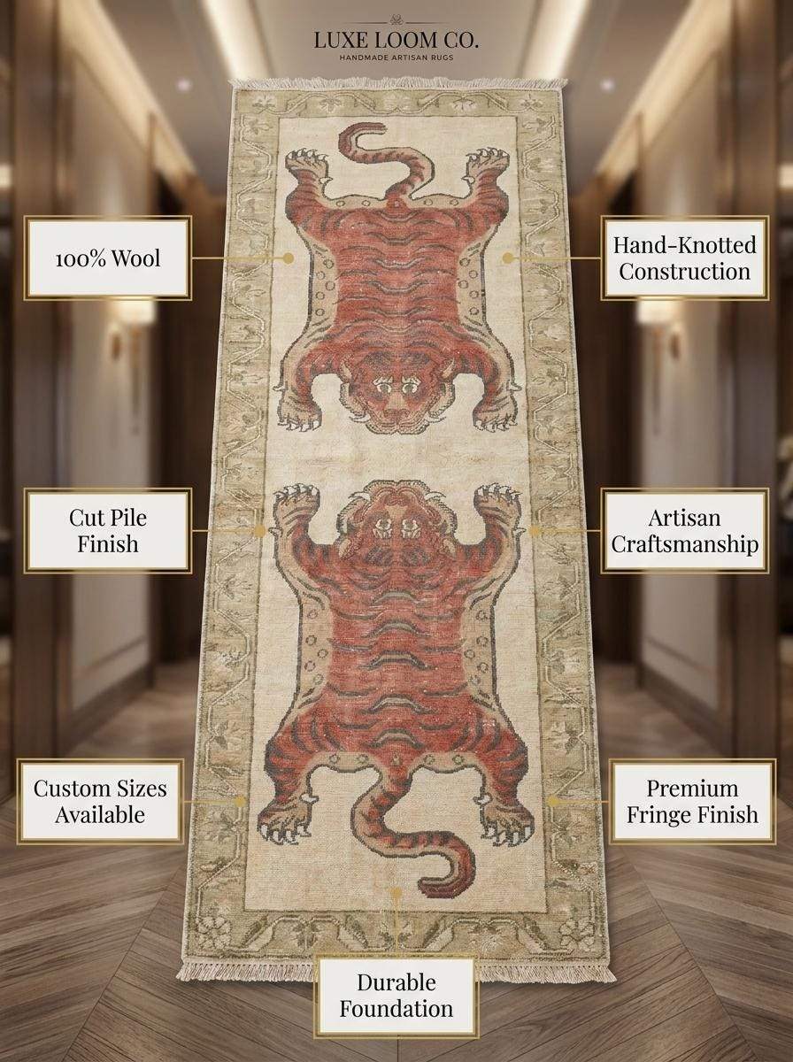 Animal Runner Rug Hand Knotted Wool, Tiger Hallway Carpet, Tibetan Inspired Handmade Decor __etsy:8148345781