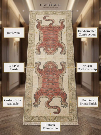 Animal Runner Rug Hand Knotted Wool, Tiger Hallway Carpet, Tibetan Inspired Handmade Decor __etsy:8148345781