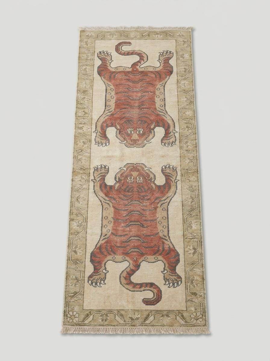 Vintage inspired tiger runner rug displayed in a bright hallway with traditional animal artwork and handmade craftsmanship __etsy:8148345689