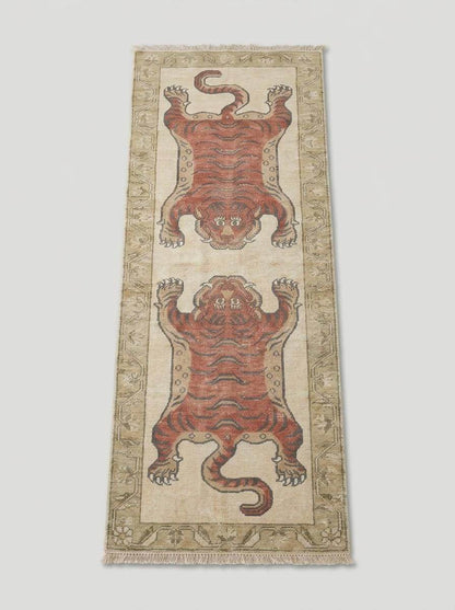 Vintage inspired tiger runner rug displayed in a bright hallway with traditional animal artwork and handmade craftsmanship __etsy:8148345689