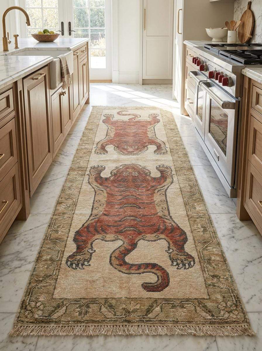 Artisan handmade tiger carpet runner combining folk art design, durable wool construction and vintage-inspired styling __etsy:8100437314