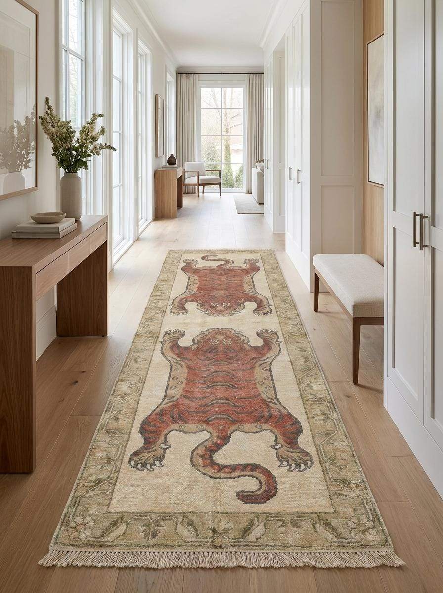 Tibetan style wool runner rug with double tiger design, ivory field and muted olive decorative border __etsy:8100437290