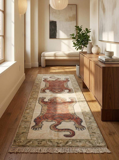 Statement animal motif runner rug crafted from wool with hand knotted construction for hallway and entryway decor __etsy:8100437292