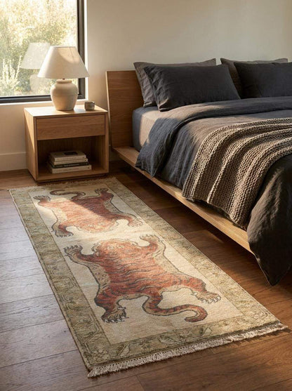 Animal Runner Rug Hand Knotted Wool, Tiger Hallway Carpet, Tibetan Inspired Handmade Decor __etsy:8100437324