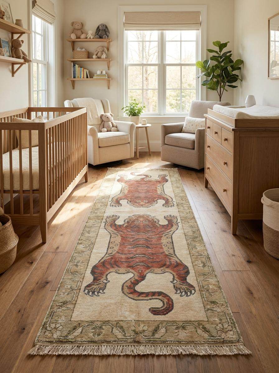 Animal Runner Rug Hand Knotted Wool, Tiger Hallway Carpet, Tibetan Inspired Handmade Decor __etsy:8100437382