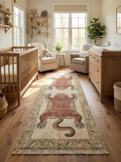 Animal Runner Rug Hand Knotted Wool, Tiger Hallway Carpet, Tibetan Inspired Handmade Decor __etsy:8100437382