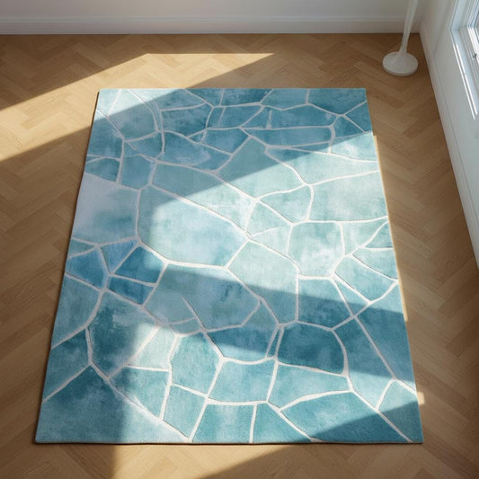Aqua Blue Abstract Rug with ocean wave design, handmade tufted, blue geometric modern area carpet