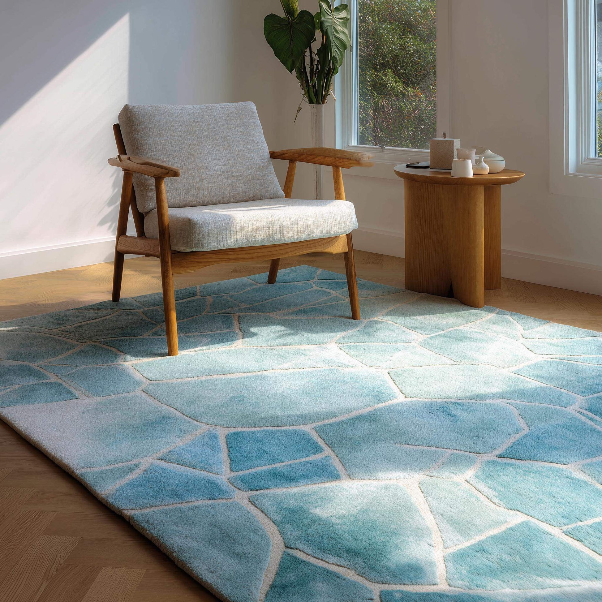 Aqua Blue Abstract Rug: Modern Ocean Wave Area Carpet