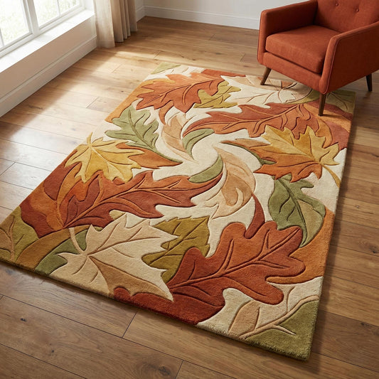 Cozy hand-tufted autumn leaf area rug with sculpted 3D design and warm fall tones for living room decor