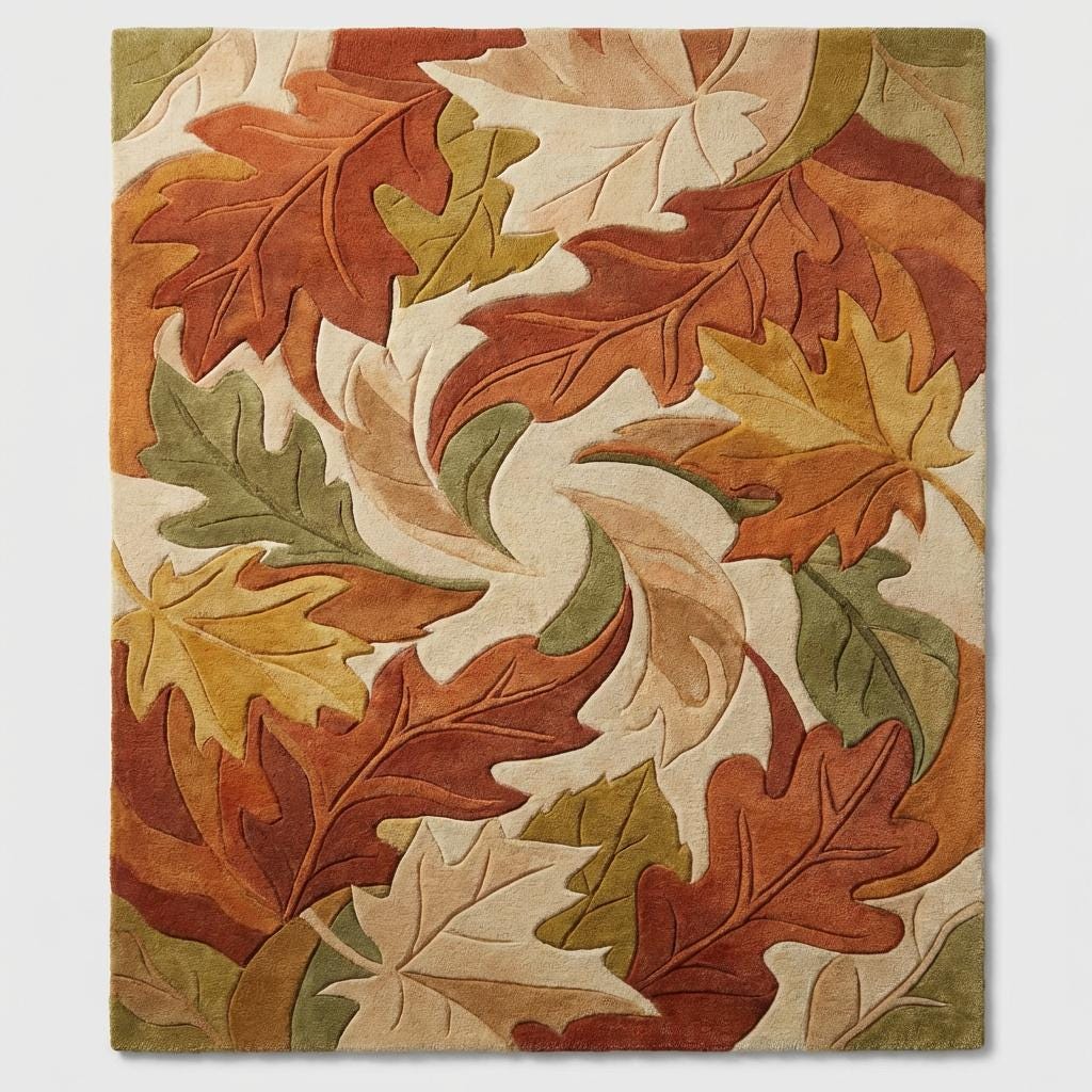Top view autumn leaf pattern area rug with sculpted leaves in rust, cream and olive tones