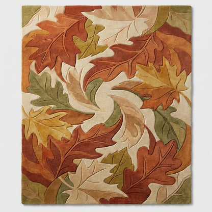 Top view autumn leaf pattern area rug with sculpted leaves in rust, cream and olive tones