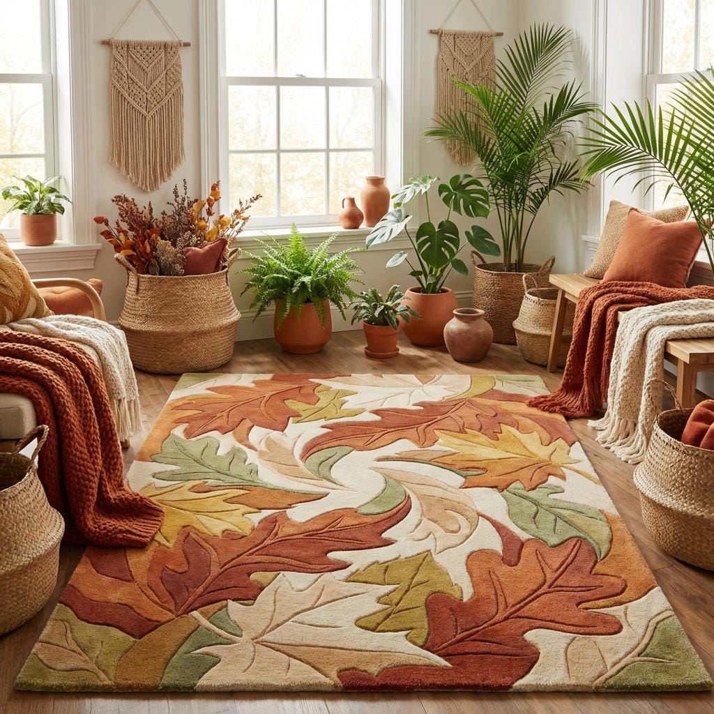 Nature inspired leaf rug placed in cozy living room decor, warm rustic modern floor carpet