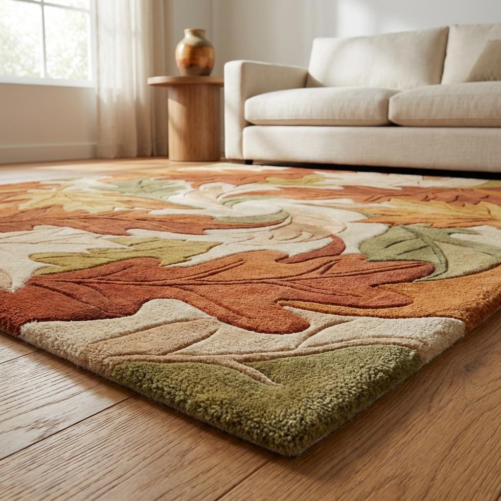 Detail of rug edge and carved leaf shapes showing dense pile and dimensional tufted craftsmanship