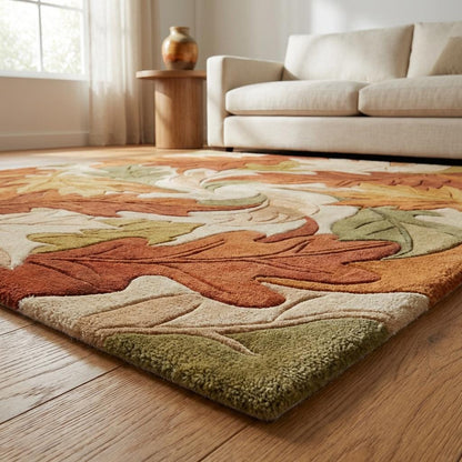 Detail of rug edge and carved leaf shapes showing dense pile and dimensional tufted craftsmanship