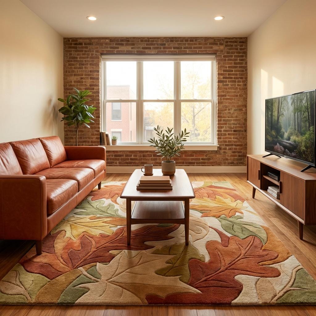 Autumn Leaf Area Rug, Hand Tufted Fall Living Room Carpet, Cozy Nature Decor, Rustic Modern Floor Rug