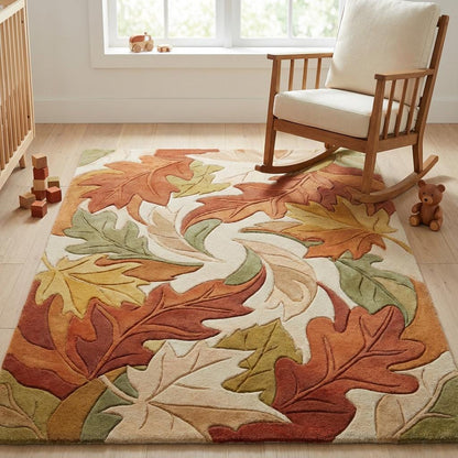 Soft autumn leaf rug design suitable for nursery decor, plush texture and warm comforting tones