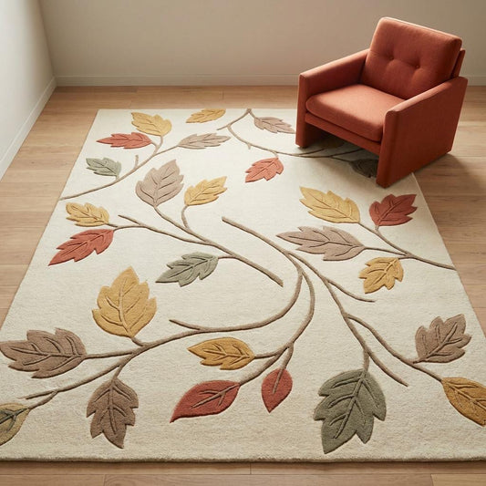 Autumn leaves area rug styled in a modern living space with a rust accent chair, ivory botanical rug featuring carved leaf pattern and warm fall tones on light wood flooring.
