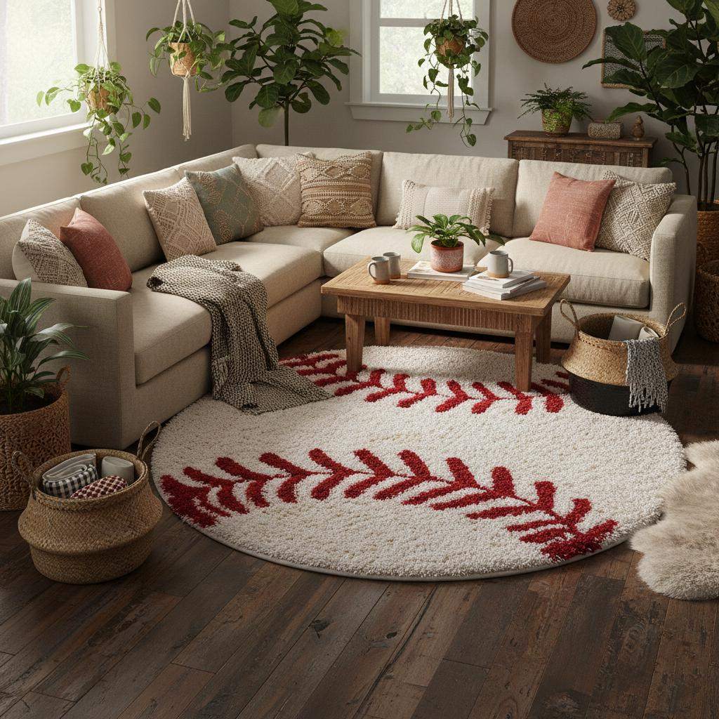 Hand-tufted round baseball rug with red stitching for kids rooms and nurseries
