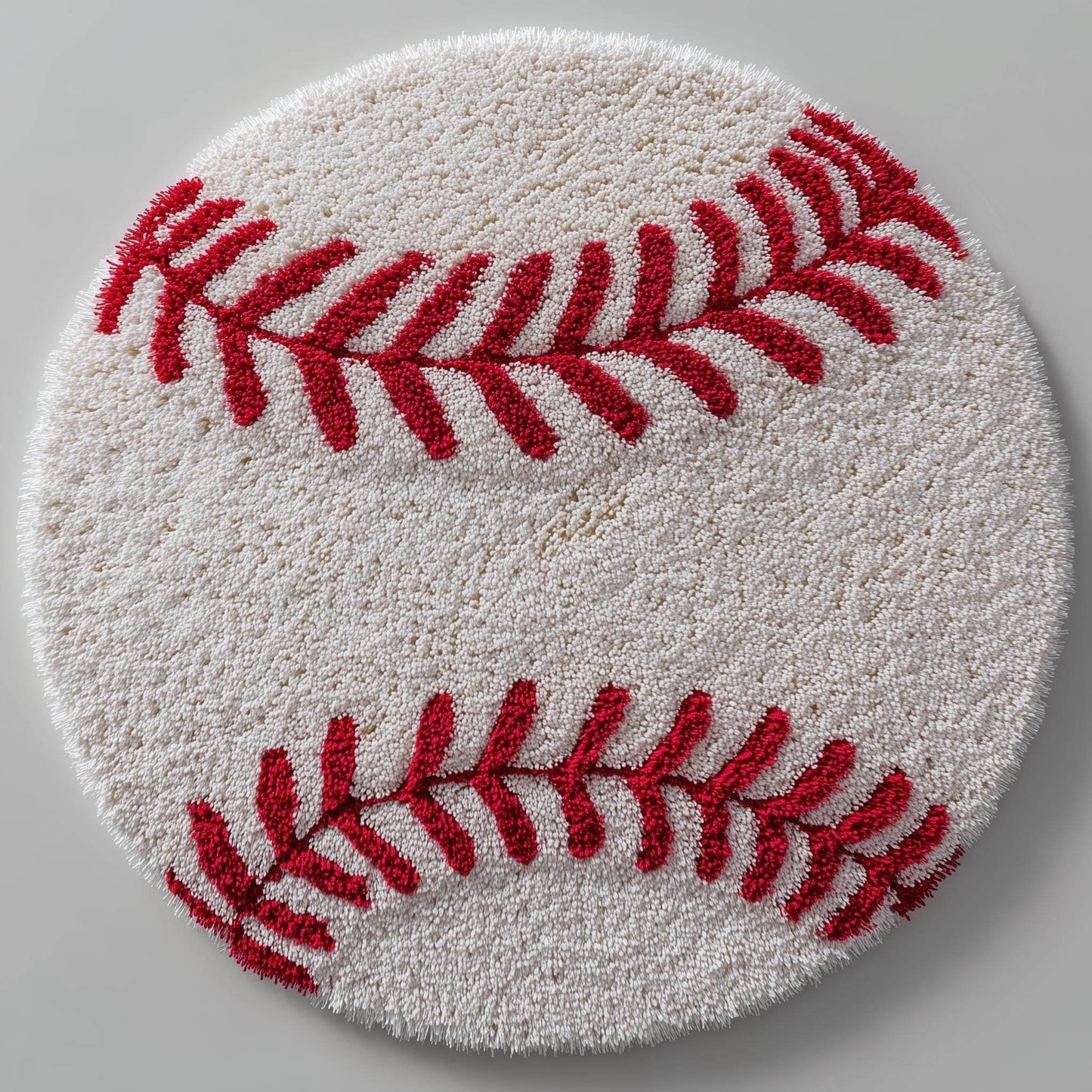Hand-tufted round baseball rug with red stitching, soft and durable kids sports theme carpet