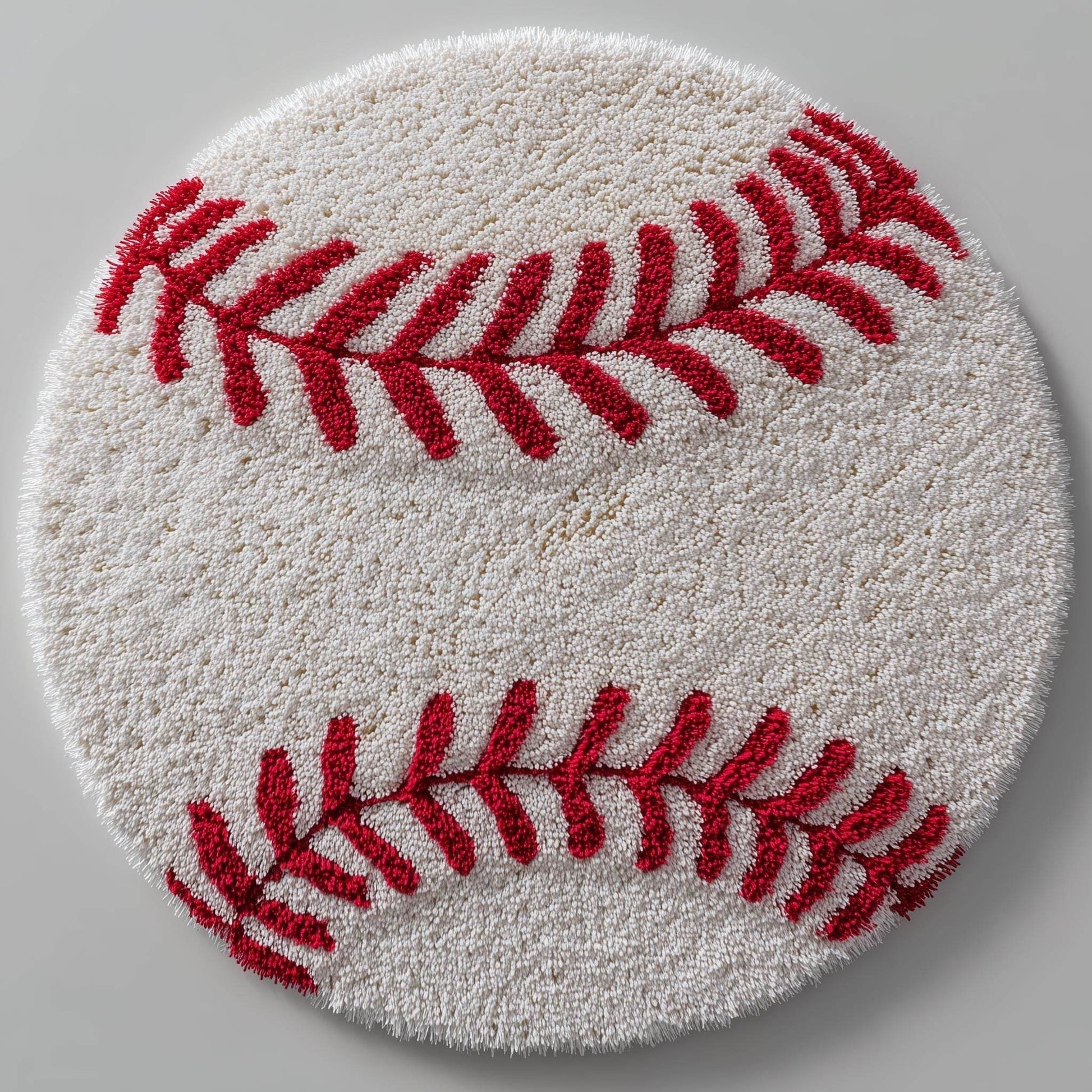 Hand-tufted round baseball rug with red stitching, soft and durable kids sports theme carpet