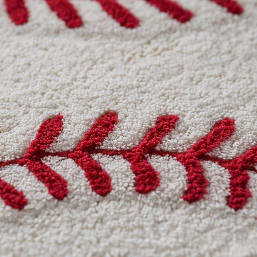 Hand-tufted round baseball rug with red stitching for kids' nursery and sports-themed rooms