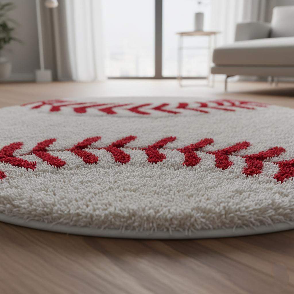 Round handmade baseball rug with red stitching for kids' sports-themed rooms