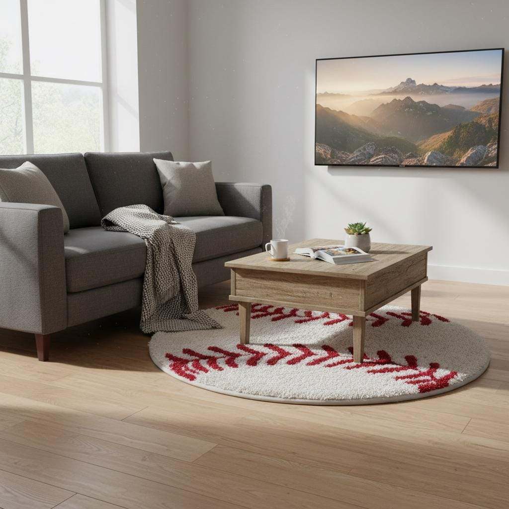 Hand-tufted round baseball rug with red stitching for kids' rooms and nurseries