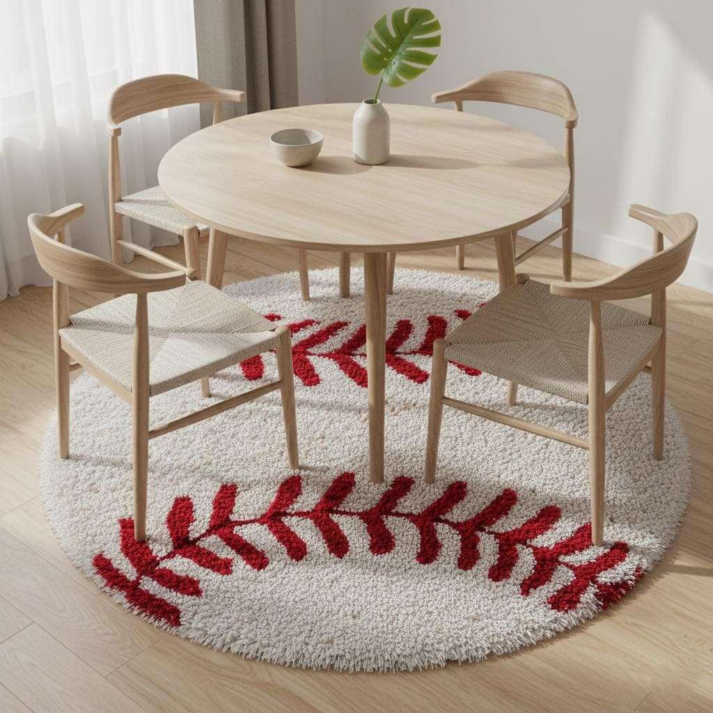 Hand-tufted round baseball rug with red stitching, soft and durable for kids' rooms and sports-themed decor
