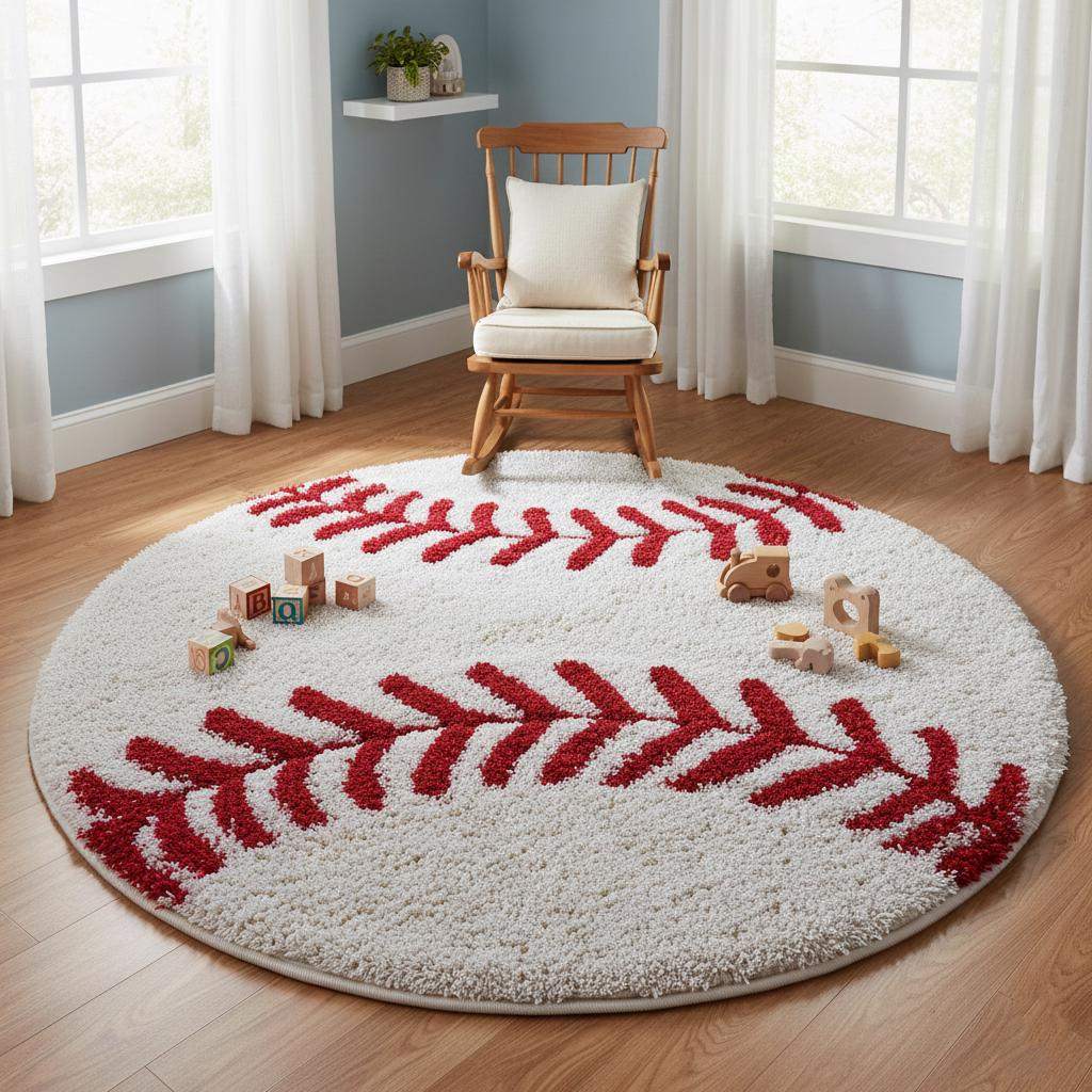 Hand-tufted baseball rug round with red stitching, soft plush sports theme carpet for kids' rooms and nurseries