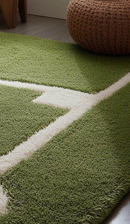 Handmade green baseball field wool rug for kids playroom and modern living room decor