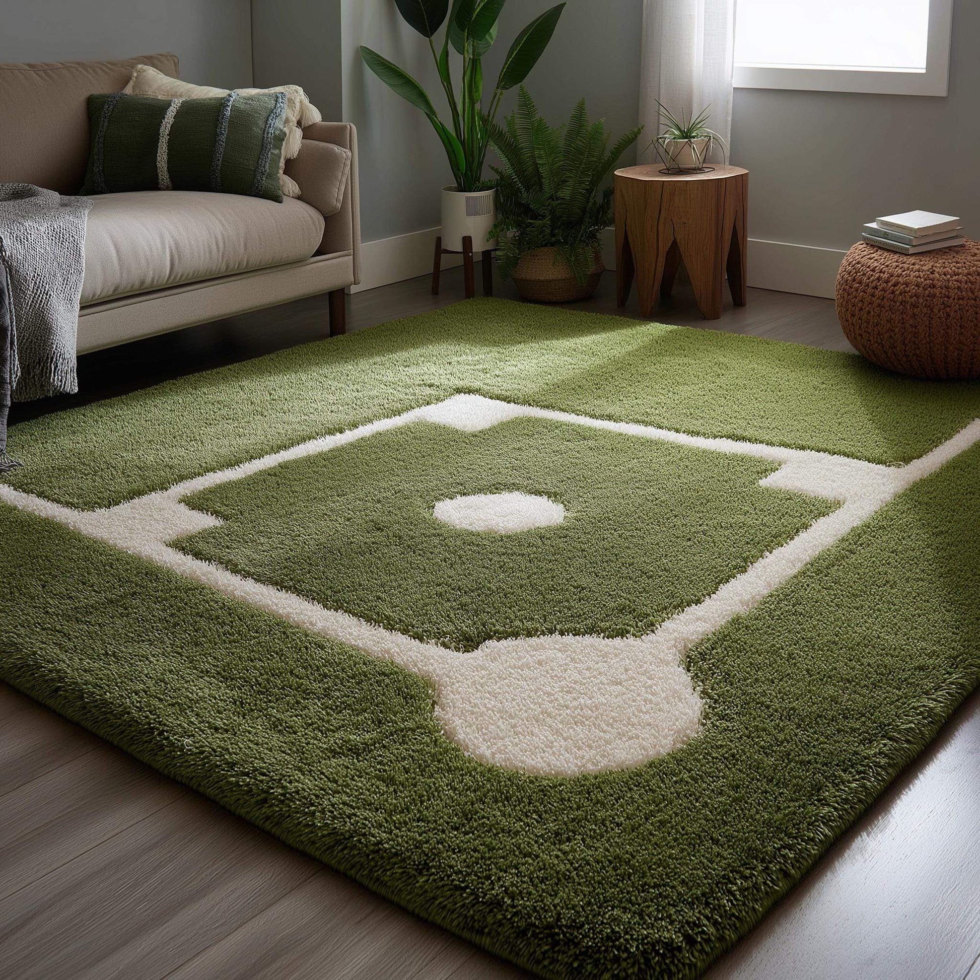 Handmade green baseball field wool rug for kids playroom and modern living room decor