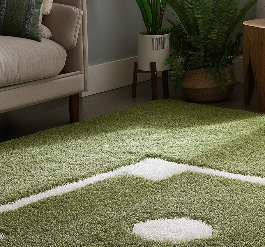 Handmade green baseball field wool rug for kids playroom and living room decor