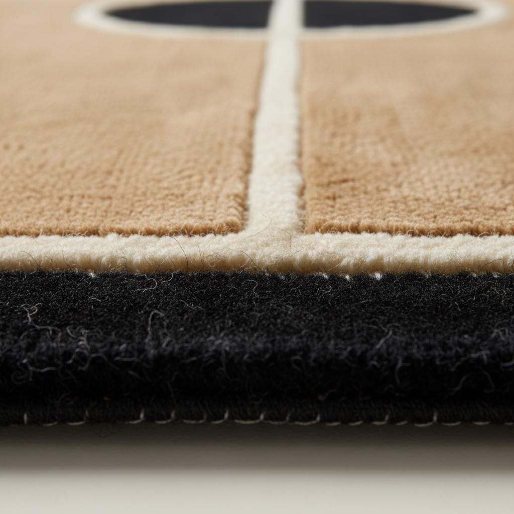 Close-up of plush hand-tufted basketball rug showing medium pile texture, carved court lines, and soft fibers.