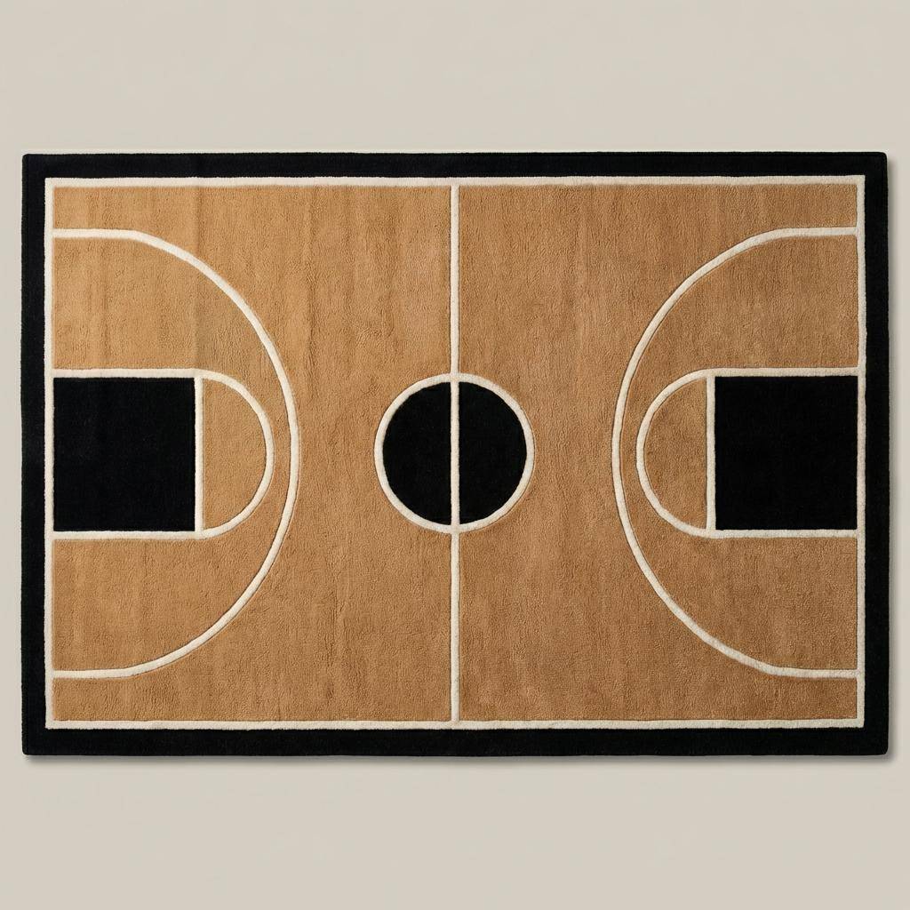 Large rectangular basketball themed rug anchoring open floor seating area.