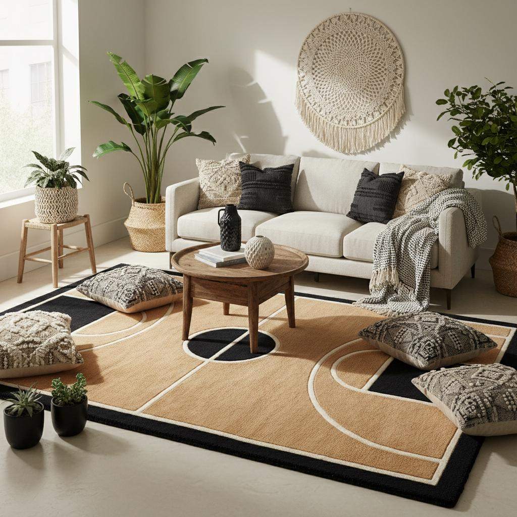 Geometric basketball court pattern with curved and straight line layout.