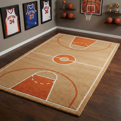 Basketball court area rug with plush cut-pile and classic indoor court design for kids' rooms and playrooms