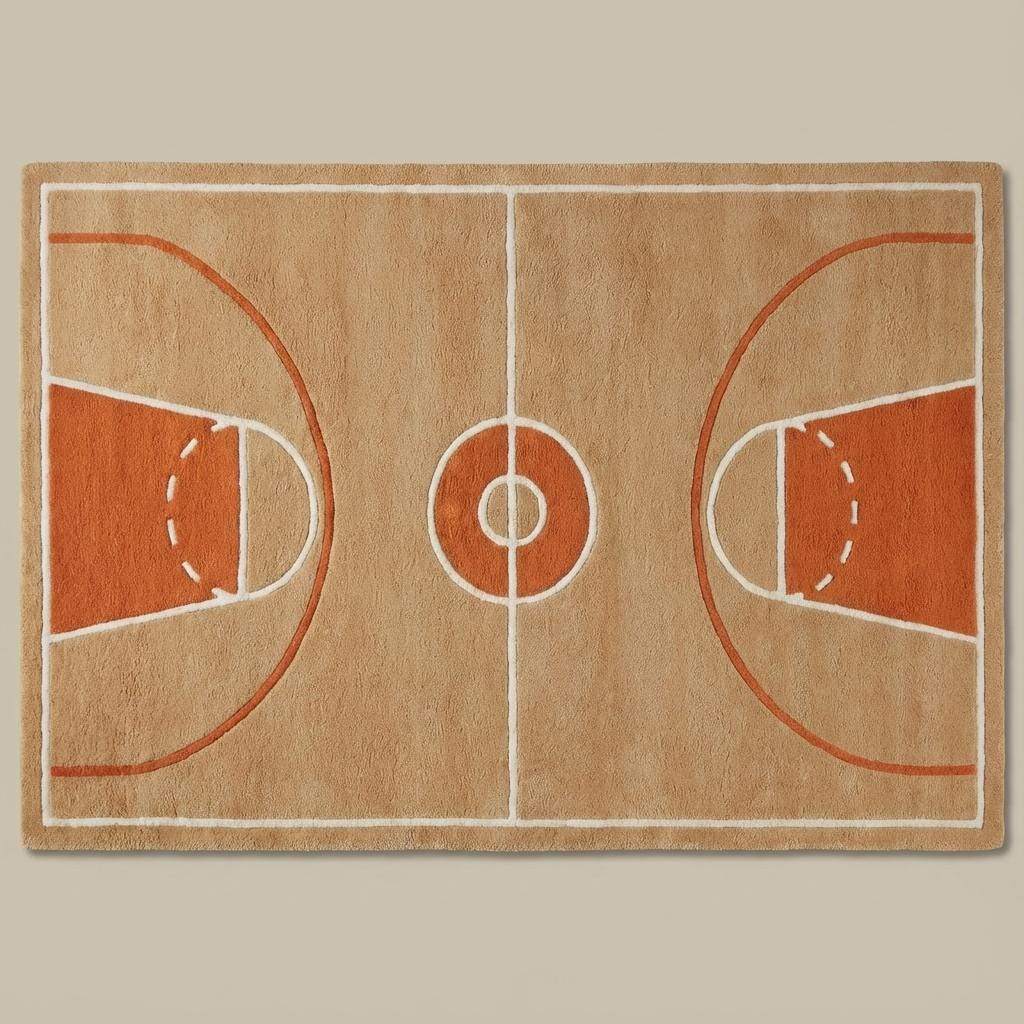 Detailed view of basketball court pattern rug with center circle and key areas highlighted in rust orange tones.