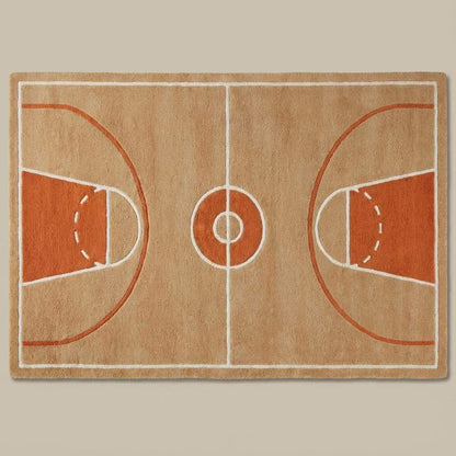 Detailed view of basketball court pattern rug with center circle and key areas highlighted in rust orange tones.