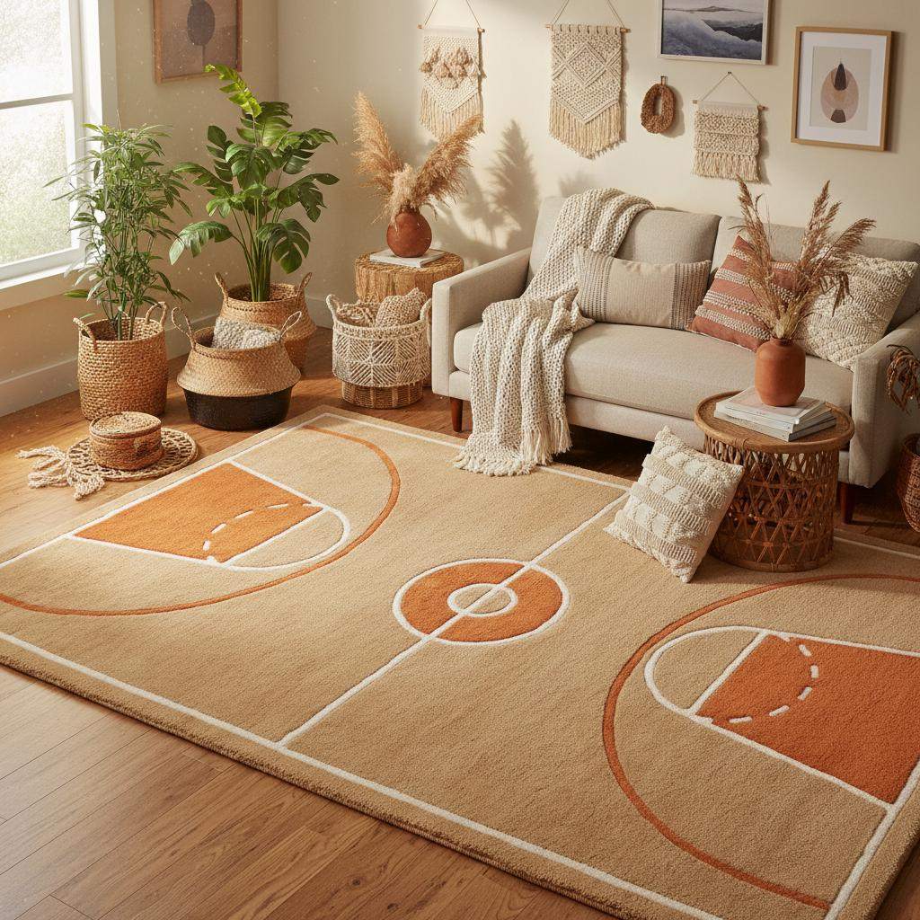 Basketball themed rug styled in a kids playroom with sports décor, creating a fun and energetic interior setup.