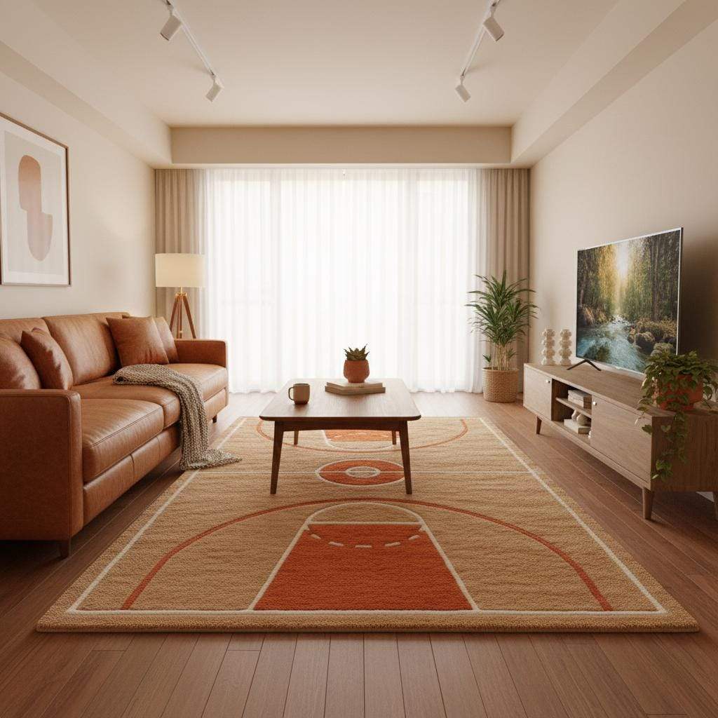 Hand-tufted style basketball rug displaying precise line work and plush surface designed for comfort and play.