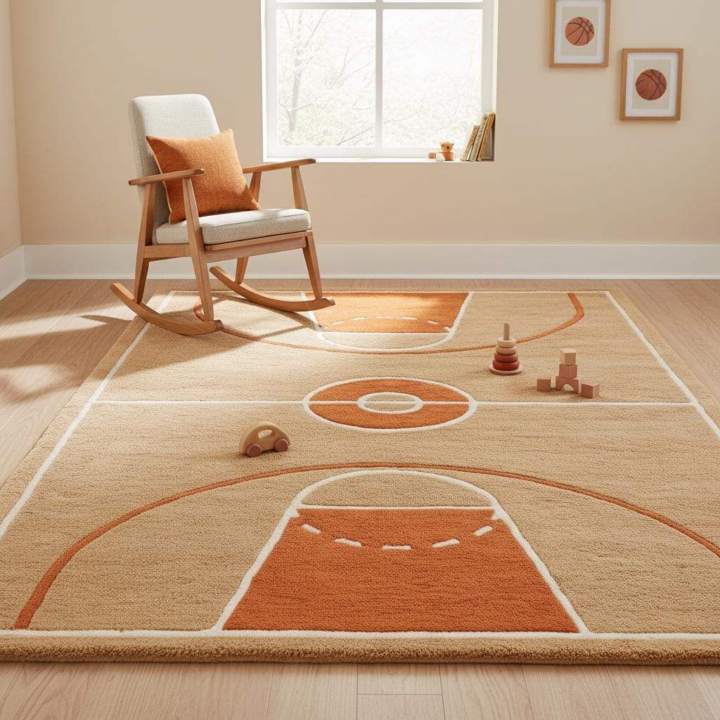 Beige and burnt orange basketball area rug showing contrast court lines and neutral background color balance.