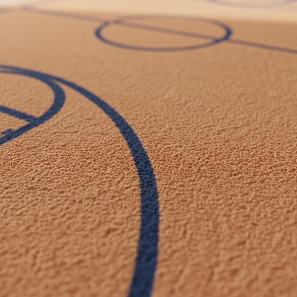 Modern basketball court rug with navy lines on burnt-orange wool, perfect for sports-themed rooms and gifts