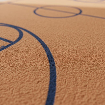Modern basketball court rug with navy lines on burnt-orange wool, perfect for sports-themed rooms and gifts